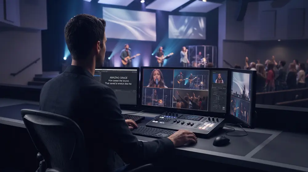 A media operator at a church tech desk, working across several screens while the worship team plays on stage behind them.