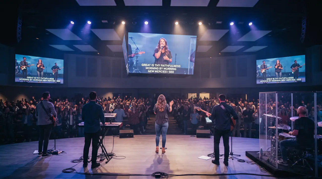 A worship team leading a full congregation, with the song's words carried across three large screens above the stage.