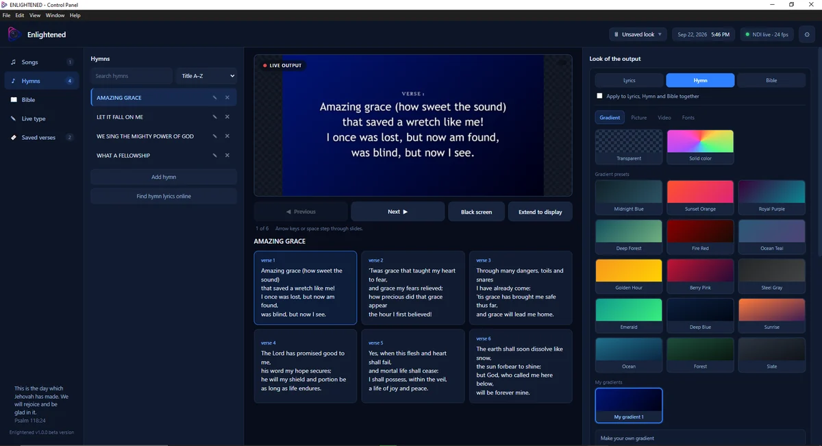The Enlightened Presenter control panel with its hymn library, live output preview and background options.