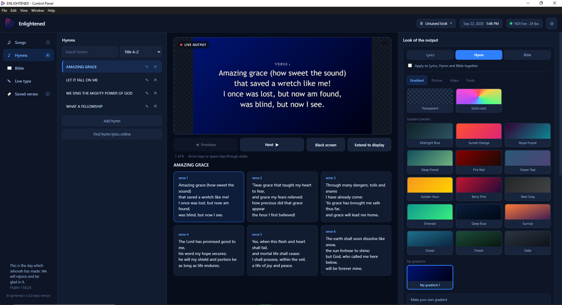 Enlightened Presenter running on a laptop: a hymn library on the left, the live presentation output in the centre with slide controls, and background and font options on the right.