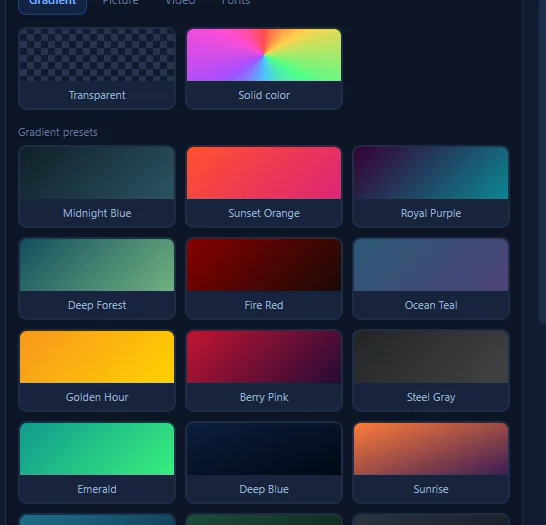 Background options in Enlightened Presenter: gradient, picture, video and font tabs above a grid of built-in gradient presets.
