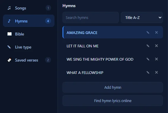 The Enlightened Presenter sidebar and hymn library: songs, hymns, Bible, live type and saved verses beside a searchable, sorted list of hymns.