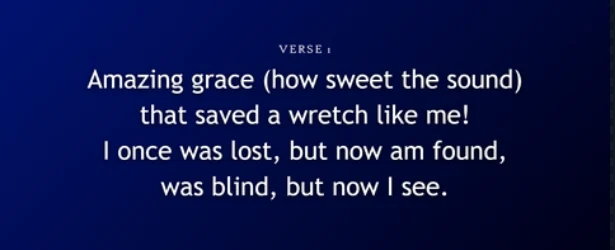 The clean presentation output as the congregation sees it: a hymn verse centred on a deep blue gradient.