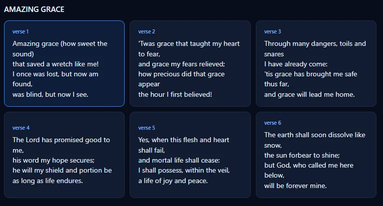 Hymn verses shown as individual slides in Enlightened Presenter, ready to step through during worship.