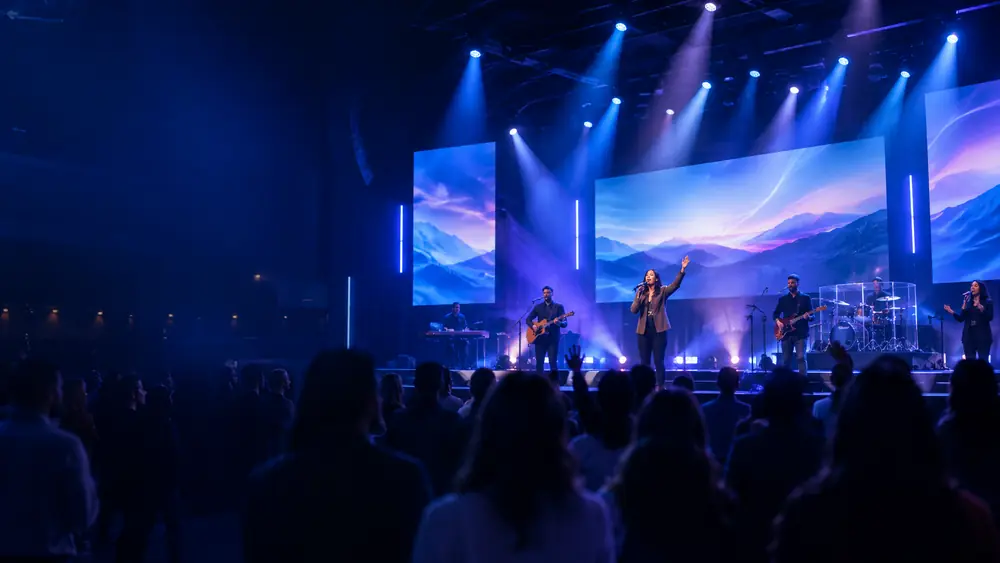 A worship band on a blue-lit stage with large screens either side, the congregation standing in front of them.